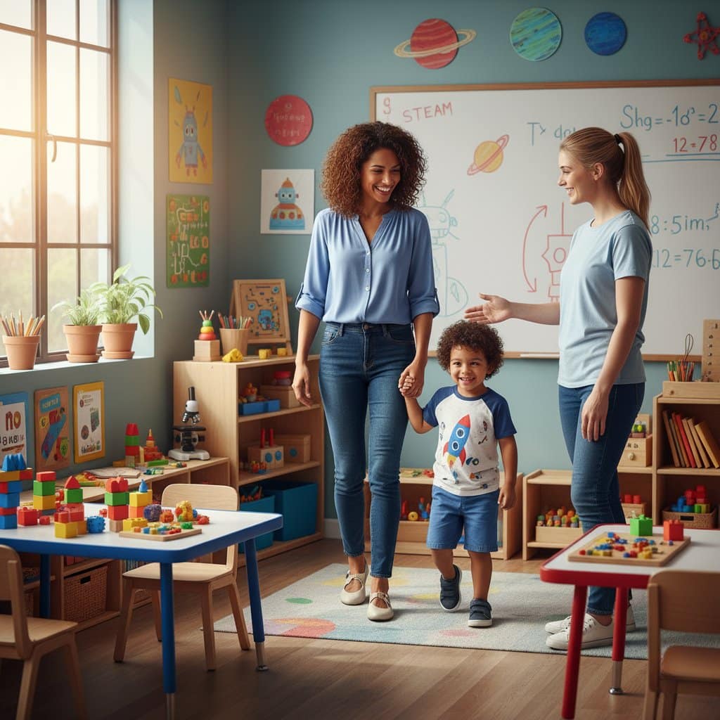 A parent arriving for a tour of a STEAM early childhood center — guided by the director