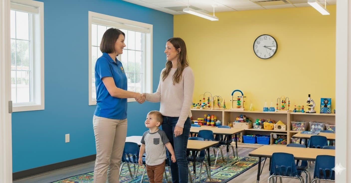 Director warmly welcoming a mother and child on a tour — the moment enrollment begins